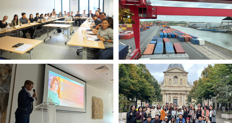 4 photos: les étudiants dans une salle de classe, une photo de contener, une femme présentant un diaporama de l'entreprise Raja, les étudiants devant le dôme de la Sorbonne