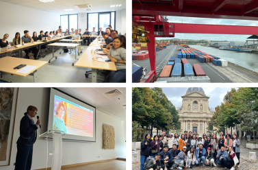 4 photos: les étudiants dans une salle de classe, une photo de contener, une femme présentant un diaporama de l'entreprise Raja, les étudiants devant le dôme de la Sorbonne